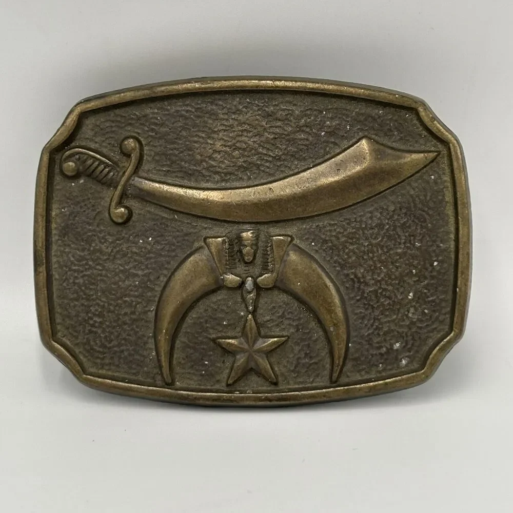 Vintage SHRINER Solid Brass‎ Black Star Sword USA Belt Buckle
